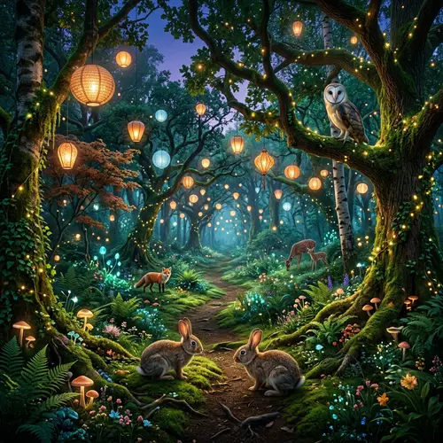 Mystical Forest with Floating Lanterns | Enchanting Atmosphere