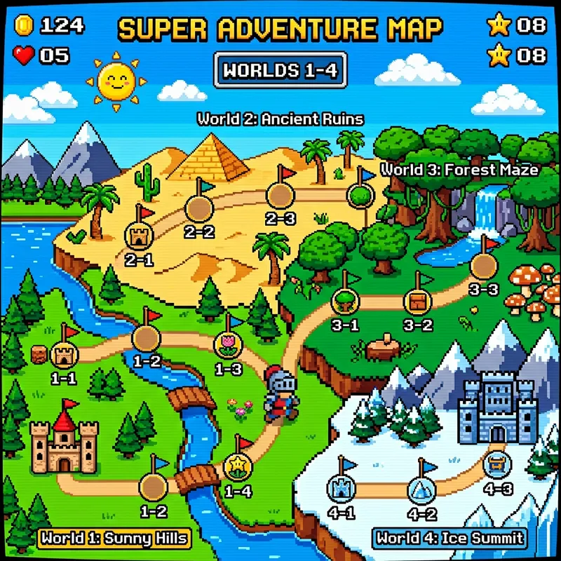 Pixelated Level Selector Map Design for Retro Games