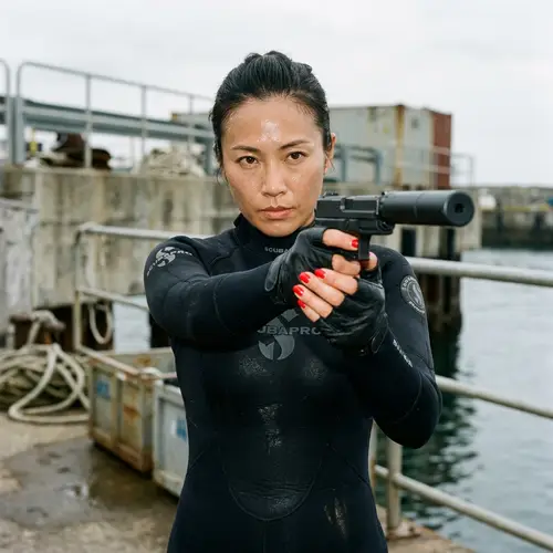 Asian Woman in Wetsuit with Fingerless Leather Gloves and Red Nail Polish