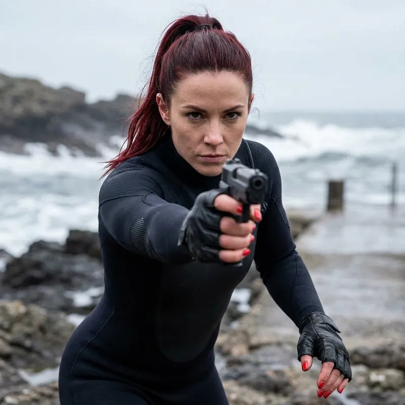 Athletic Woman in Wetsuit with Pistol and Leather Gloves