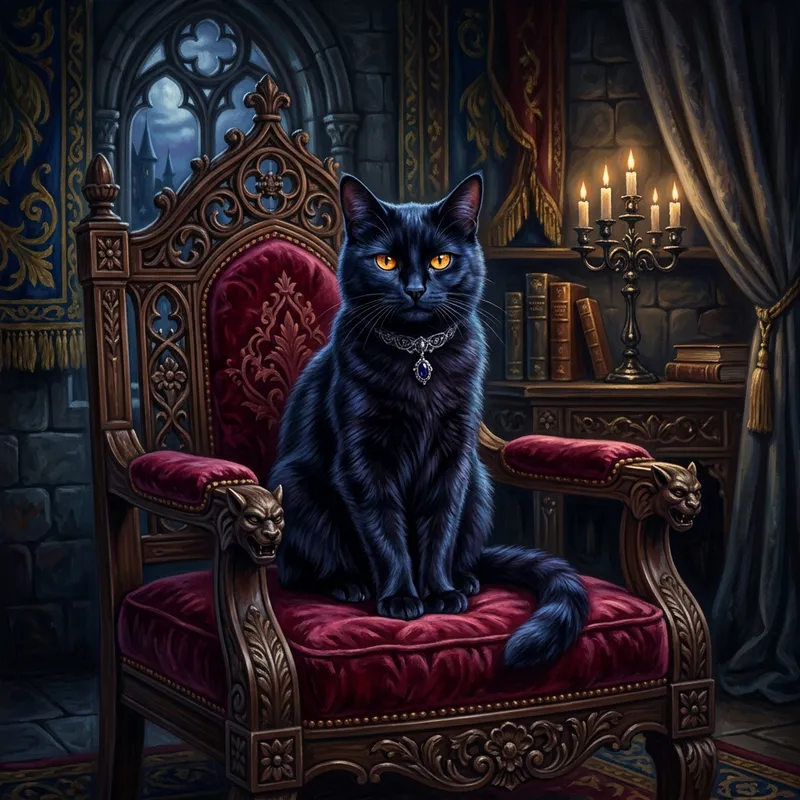 Regal Black Cat in Velvet Armchair | Royal Gothic-Inspired Art Regal Black Cat in Velvet Armchair | Royal Gothic-Inspired Art