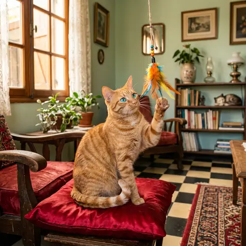 Sleek Orange Cat with Turquoise Eyes on Red Cushion