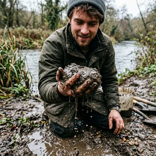 Man Holding Dripping Wet Piece of Mud