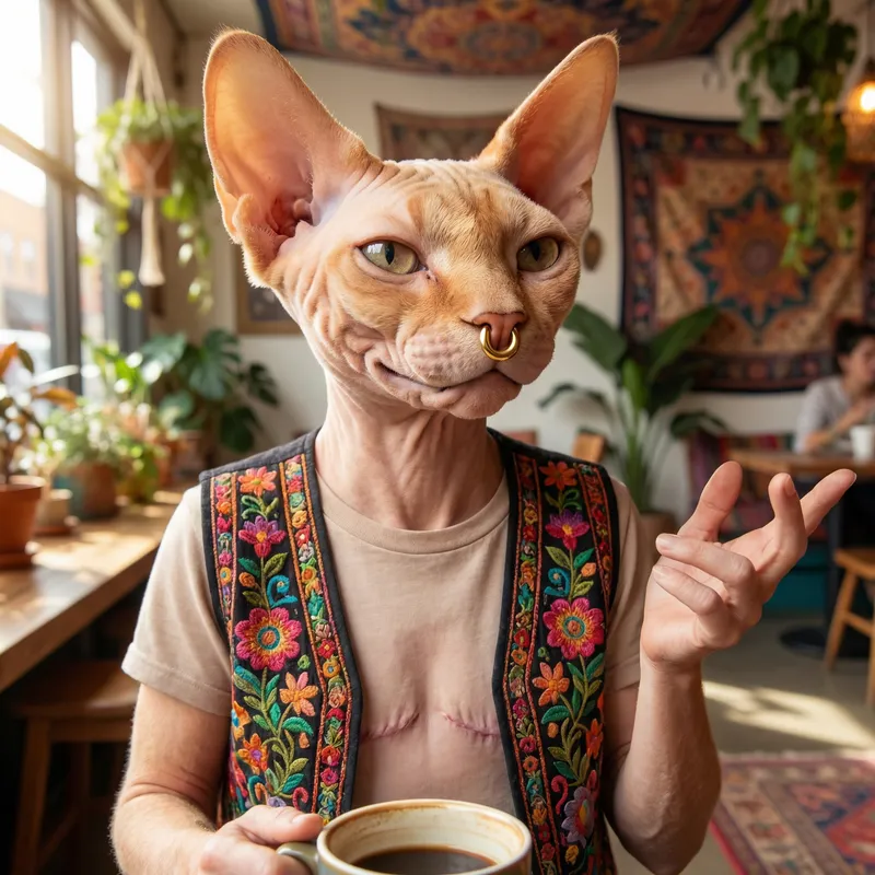 Expressive Anthropomorphic Sphynx Cat with Scars