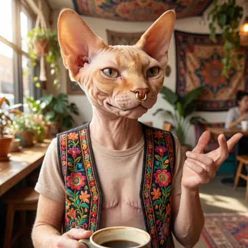 Expressive Anthropomorphic Sphynx Cat with Scars