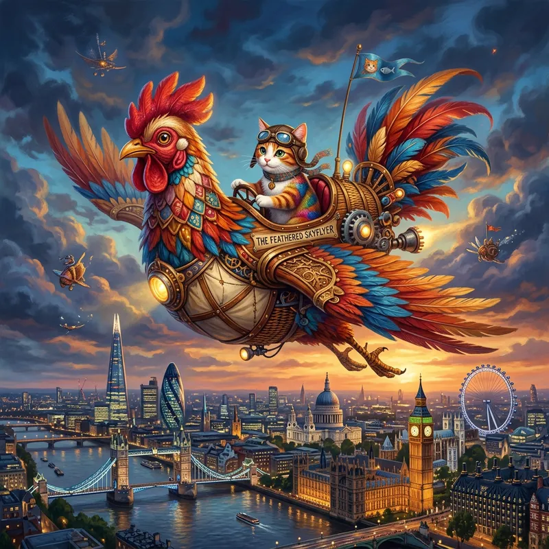 Surreal Cat Flying in Chicken Over London Surreal Cat Flying in Chicken Over London