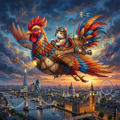Surreal Cat Flying in Chicken Over London