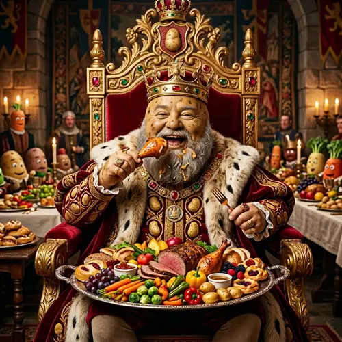 Potato King Enjoying Royal Feast on Throne