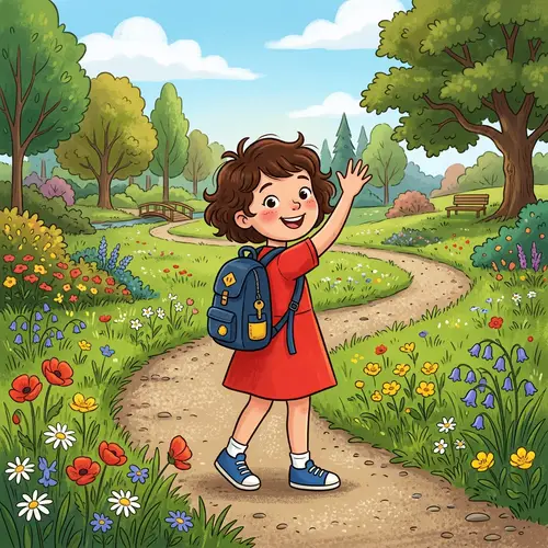 Cheerful Girl in a Park - Cartoon Illustration