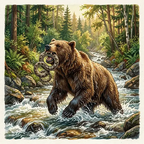 Powerful Brown Bear Holding Snake in River Scene