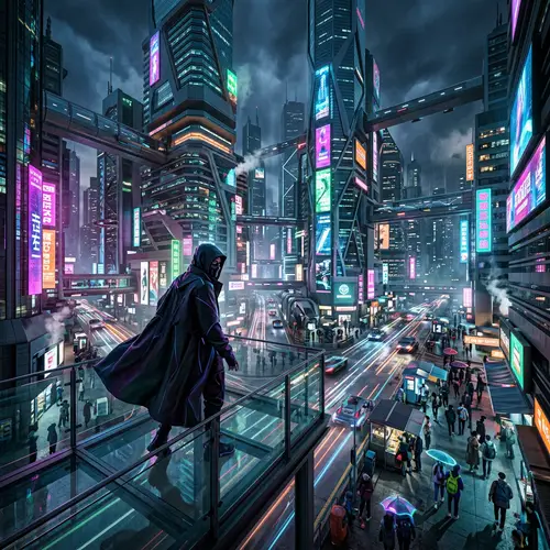 Mysterious Figure in Futuristic City - Vibrant Neon Colors