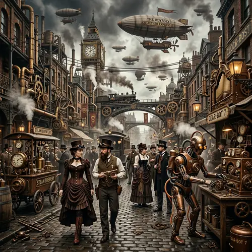 Intricate Steampunk & Automata Scene with Victorian Aesthetics