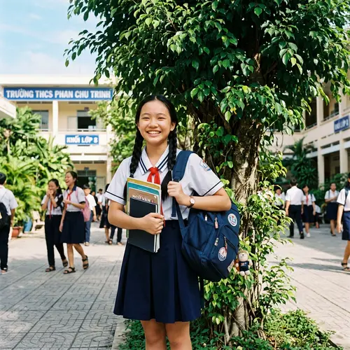 Vietnamese Eighth-Grade Girl in School Uniform with Bright Smile