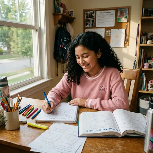 Grade 8 Hispanic Student Studying in Sunlit Room
