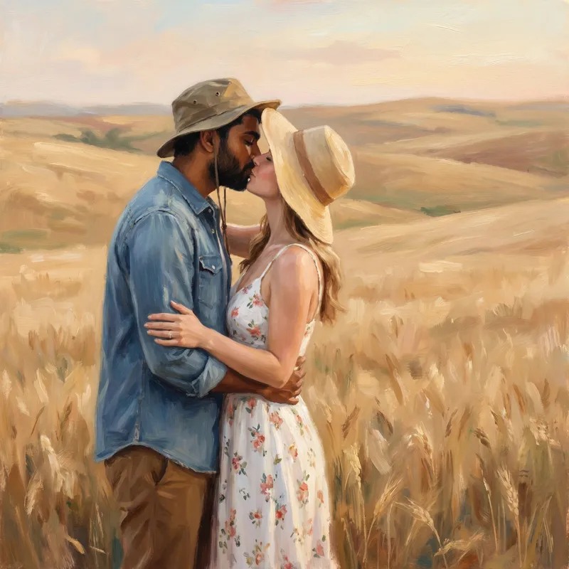 Romantic Wheat Field Kiss Painting | Art Scene