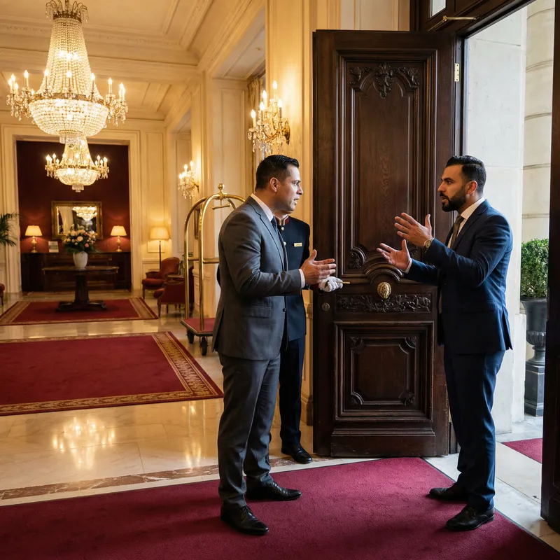 Luxury Hotel Entrance Scene with People Conversing Luxury Hotel Entrance Scene with People Conversing