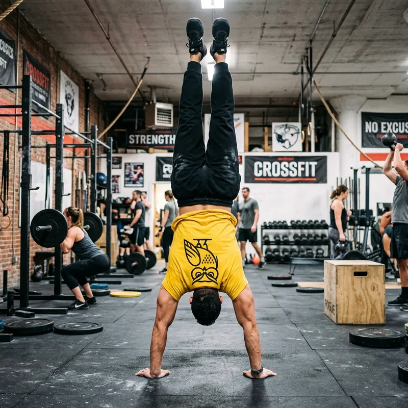 Man in Yellow Owl T-shirt Mastering Handstand at Crossfit Gym