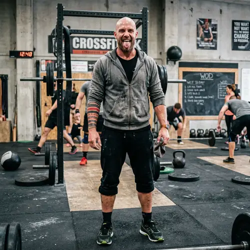 Bald Man in Grey Hoodie and Asics Shoes | CrossFit Workout