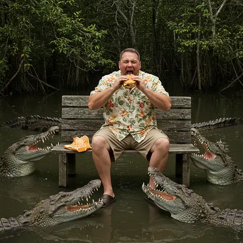 Fat Man Eating Burger Surrounded by Crocodiles
