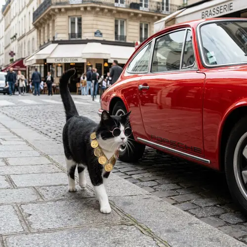 Stylish Black and White Cat Walking by Red Car