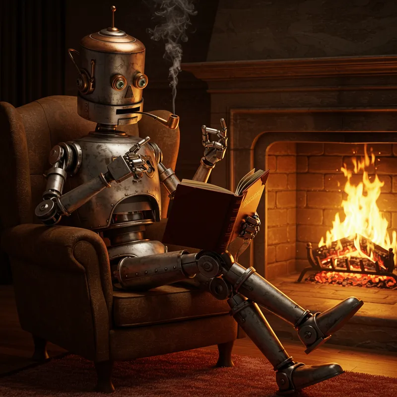 Relaxing Robot Reading by the Fireplace