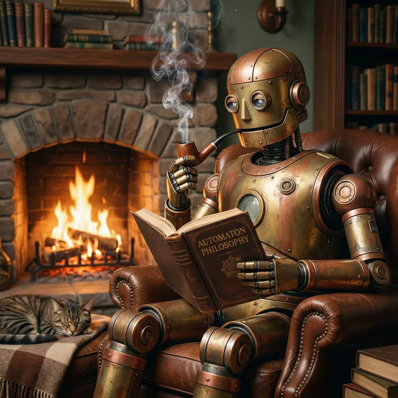 Relaxing Robot Reading by the Fireplace