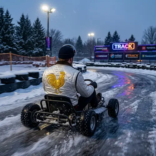 Caucasian Man in Hollywood-inspired Go-Kart Action on Snowy Track