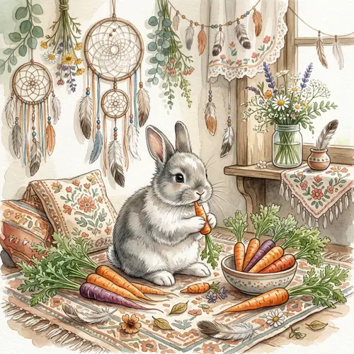 Watercolor Baby Bunny with Carrots in Boho Style
