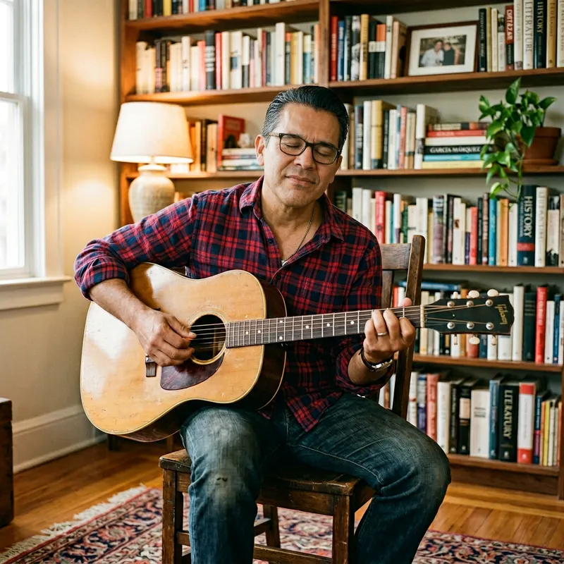 Captivating Image of a Middle-aged Hispanic Man Playing Acoustic Guitar