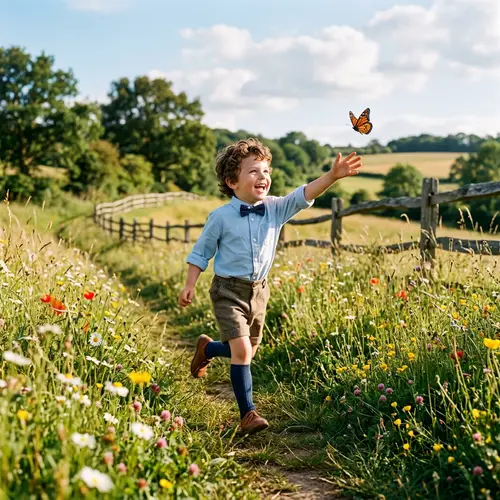 Charming Scene of Little David Chasing Butterfly in Sunny Meadow