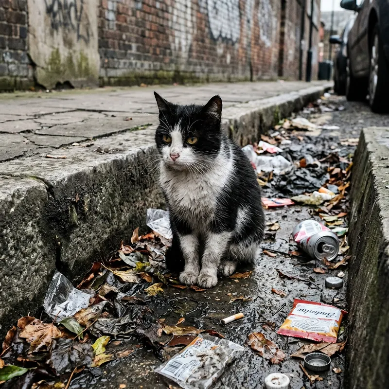 Tuxedo Cat in Gutter - Urban Elegance