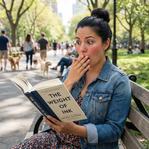 Hispanic Woman Reading a Novel in Sunny Park | Surprised Expression