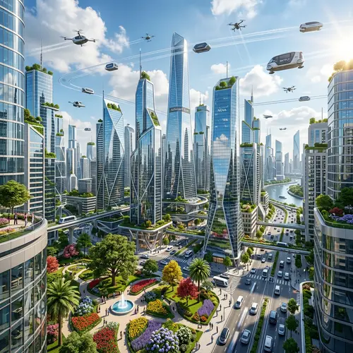Futuristic Cityscape with Modern Buildings and Autonomous Vehicles