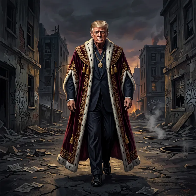 Dystopian Art: Trump in Royal Robe Amid Urban Decay Dystopian Art: Trump in Royal Robe Amid Urban Decay