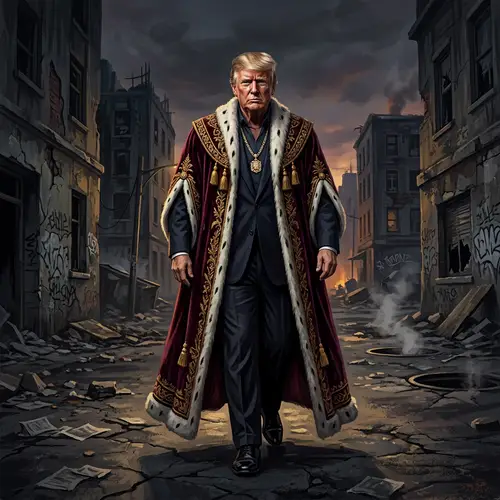 Dystopian Art: Trump in Royal Robe Amid Urban Decay