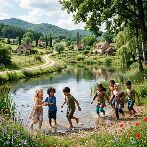 Diverse Village Children Playing by Serene Lake | Rustic Rural Life
