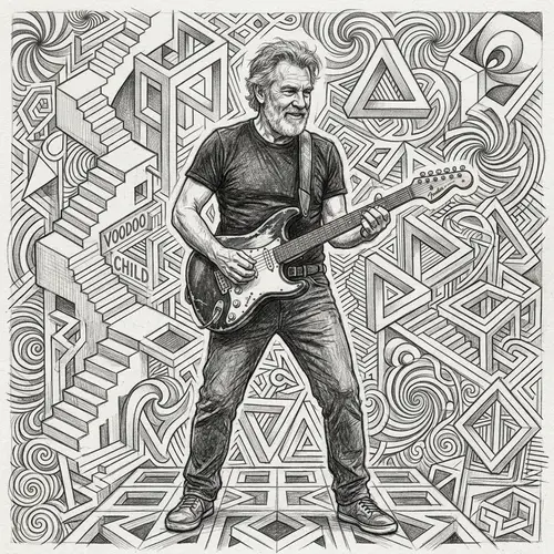 Pencil Sketch of a Middle-Aged Guitarist