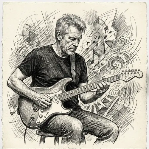 Pencil Drawing of a Guitarist with Abstract Background