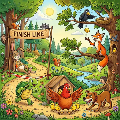 Colorful Cartoon Illustration: Moral Story with Animals in Lush Green Forest
