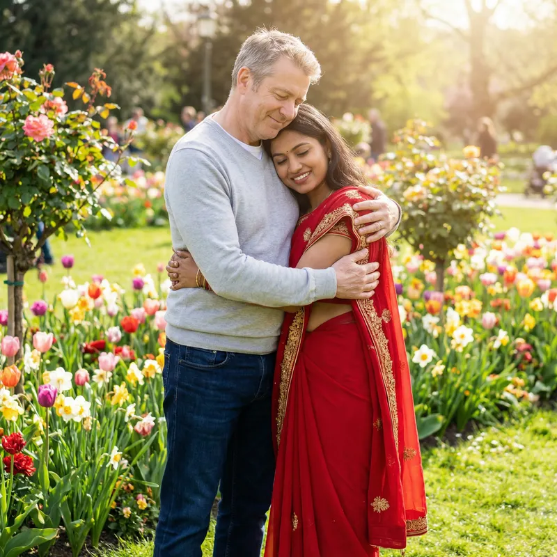 Heartwarming Scene: Caucasian Man Embraces South Asian Woman Outdoors