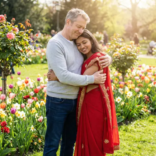 Heartwarming Middle-Aged Man Hugging Young South Asian Woman