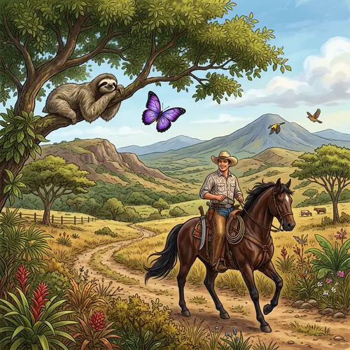 Vibrant Guanacaste Landscape with Sloth & Cowboy