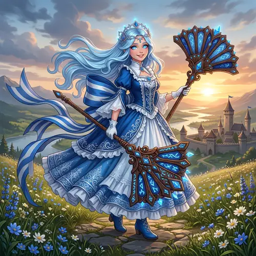 Fictional Character with Flowing Long Blue Hair in Elegant Blue and White Dress