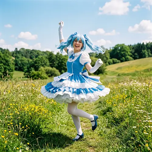 Joyful Young Woman with Sky-Blue Hair in Blue and White Dress