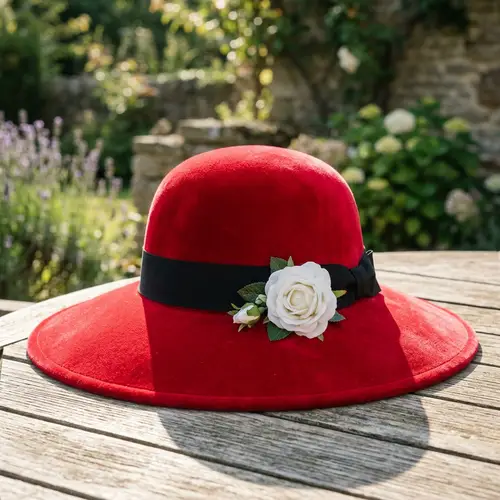 Vibrant Red Hat with Wide Brim and Velvet Texture