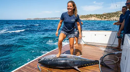 Triumphant Fisherwoman on Sardinia's Teak Deck