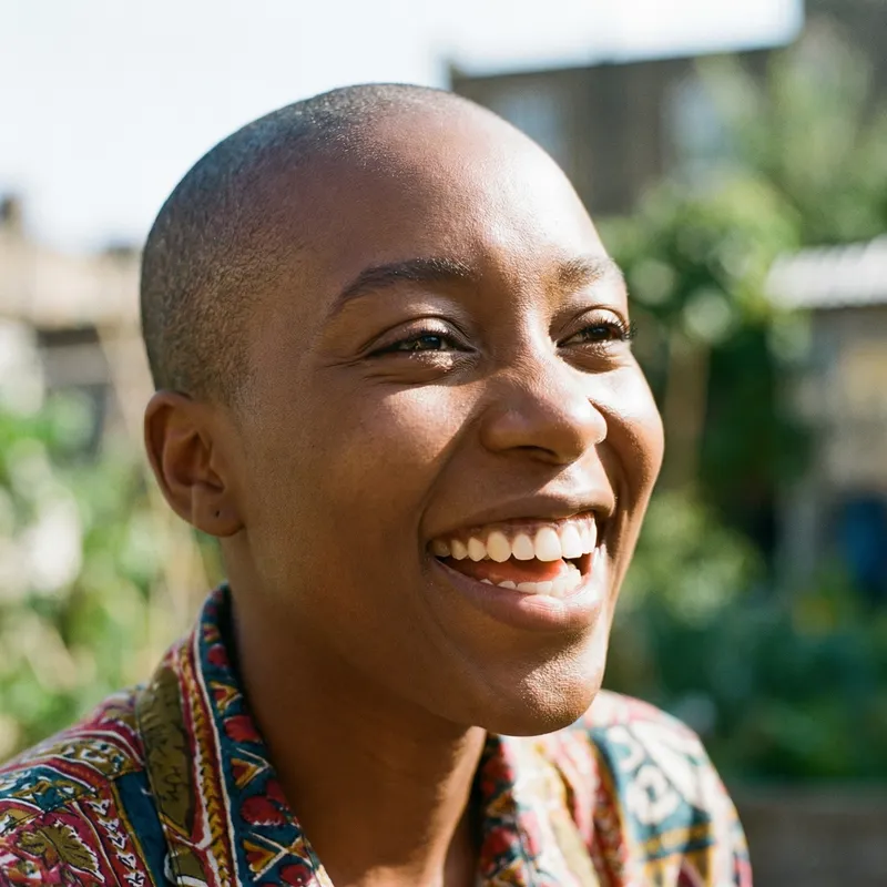 Radiant Black Woman with Shaved Head | Beauty, Joy & Almond Eyes
