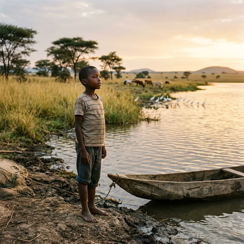 Young African Boy Dreaming of Prosperous Future by the Waterfront Young African Boy Dreaming of Prosperous Future by the Waterfront