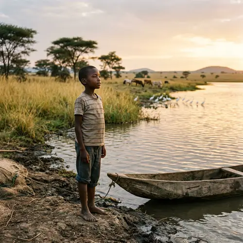 Young African Boy Envisioning Prosperous Future Near Waterfront