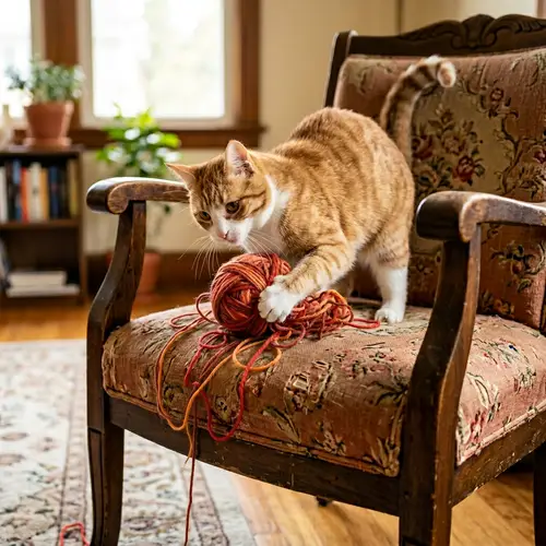 Joyful Cat Playing with Ball of Wool on Chair
